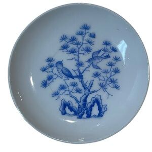 Blue and White Bird and Bonsai Pattern Japanese Butter Pat Dish Trinket Catchall